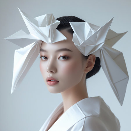 Beautiful asian woman with origami hat isolated on white backgroundの素材
