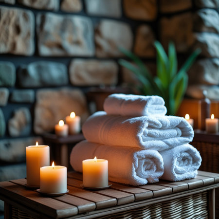 Spa towels and candles on wooden table in beauty salon, closeupの素材