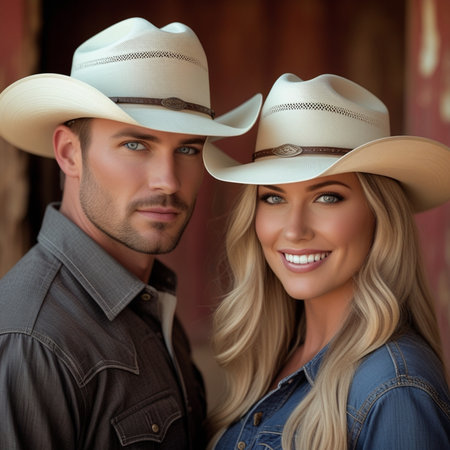 Portrait of a beautiful young couple wearing cowboy hats and smiling at the camera while standing in a western settingの素材
