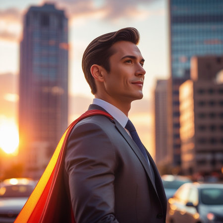 Businessman with red cape in the city. Business and success concept.の素材