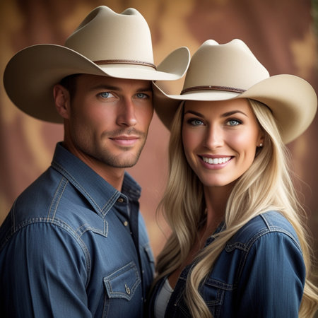 Portrait of a beautiful young couple wearing cowboy hats in a studio.の素材