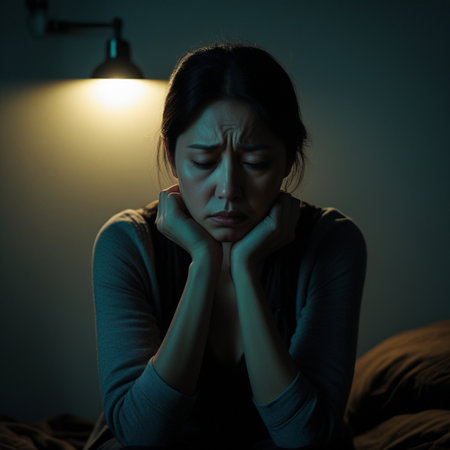 sad and depressed young Asian woman sitting on bed at night suffering depression problem and anxiety crisis in Mental health and depression conceptの素材