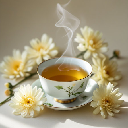 Cup of tea with chrysanthemum flowers on light backgroundの素材