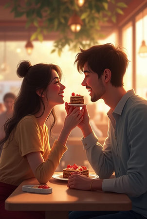 Happy young couple eating cake in cafe. Love and romance concept.の素材