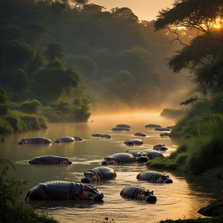 Hippos in the river at sunset, Khao Yai National Park, Thailandの素材