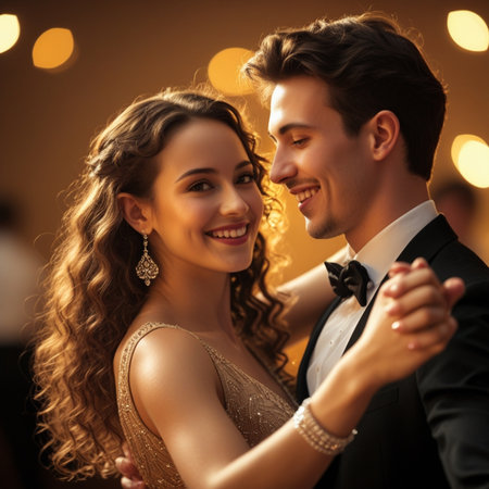 beautiful young couple dancing together in a restaurant on a romantic eveningの素材
