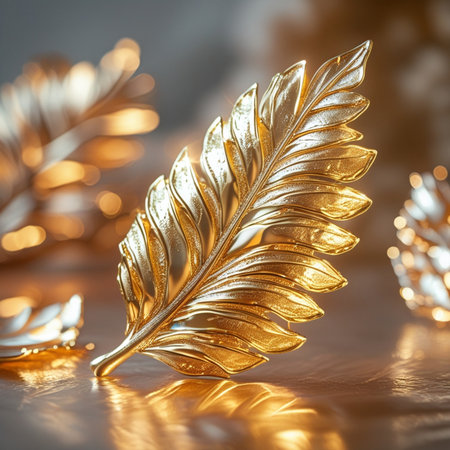 Close up of golden feathers on a silver background. Shallow depth of field.の素材