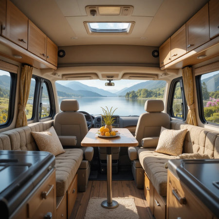 Interior of a camper van in the mountains. Nobody insideの素材