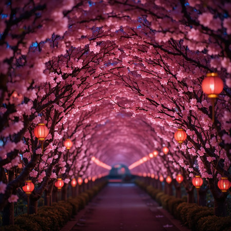 Cherry blossom tunnel at night, Chiang Mai, Thailandの素材