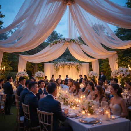 Wedding ceremony in the park. The bride and groom are sitting at the table.の素材
