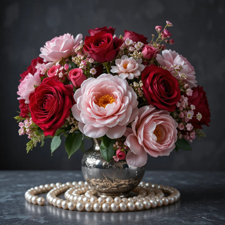 Bouquet of beautiful flowers in vase and pearls on dark backgroundの素材