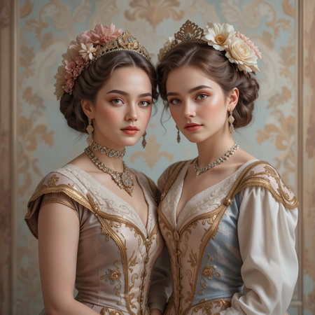 Portrait of two beautiful young women in medieval dresses. Retro style.の素材