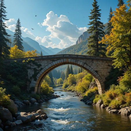 Bridge over the river in the mountains of Kyrgyzstan.の素材