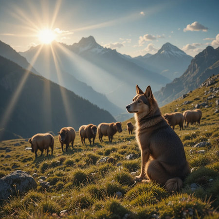 Sheep and lambs in the mountains at sunset. Beautiful landscape with sheep.の素材