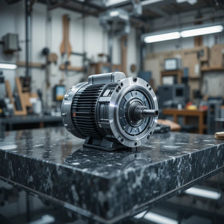 Modern electric motor on a black marble table in the workshop. Selective focus.の素材