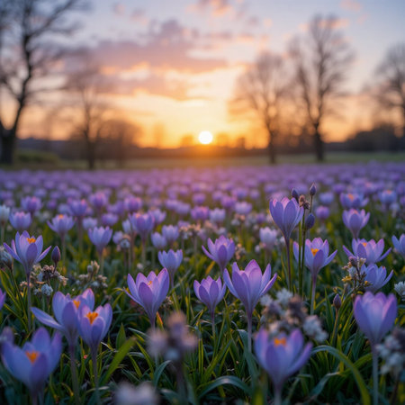Purple crocus flowers at sunset in a field in the Netherlandsの素材