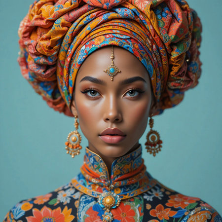 Portrait of a beautiful African woman wearing turban and colorful clothesの素材