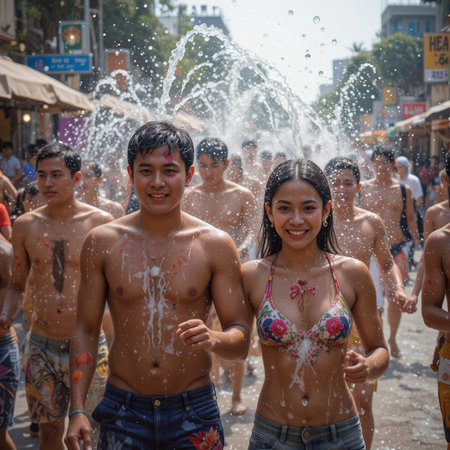 Thai people enjoy splashing water together in Songkran Festival in Chiang Mai, Thailand.の素材