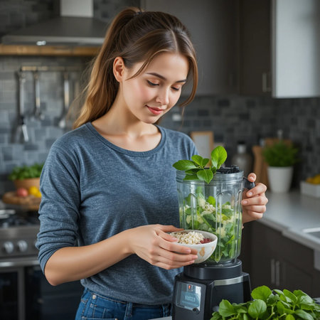Young woman making green smoothie in blender at home. Healthy food conceptの素材