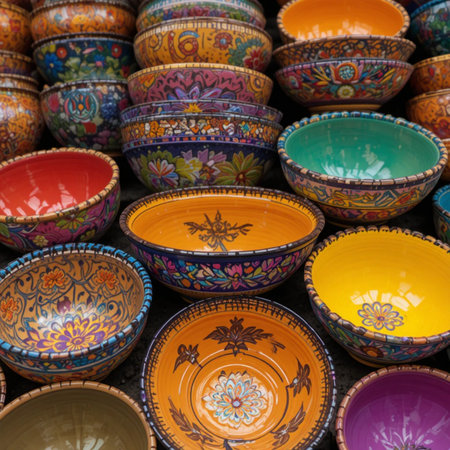 Colorful ceramic bowls for sale at a local market in Peru.の素材