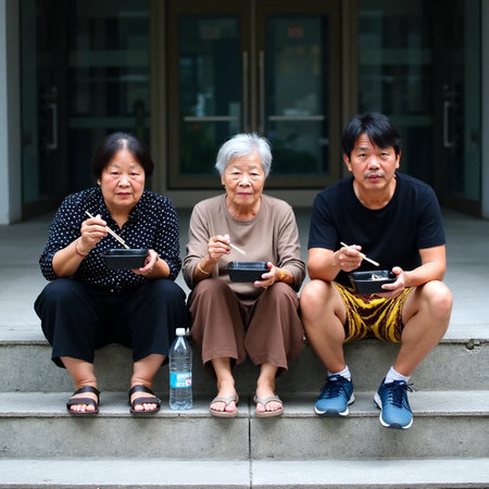 Group of elderly Asian women sitting on stairs and using smartphone.の素材