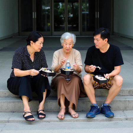 Elderly asian woman eating sushi in the street with her familyの素材