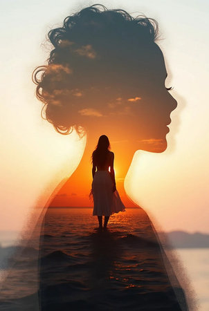 Silhouette of a beautiful woman in a white dress at sunsetの素材