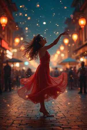Young beautiful girl in red dress dancing on the street at night.の素材