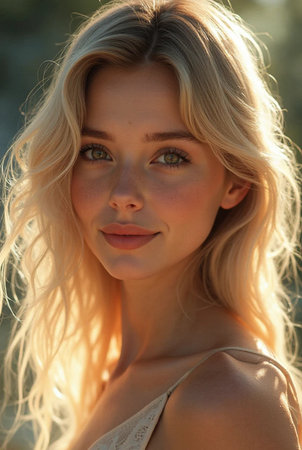 portrait of a beautiful blonde girl in the rays of the setting sunの素材