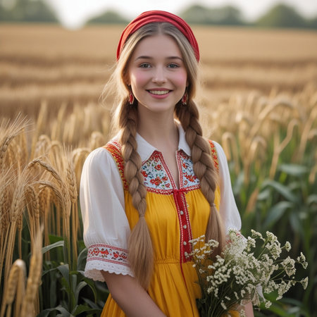Portrait of a beautiful girl in a Ukrainian national dress on the background of a wheat fieldの素材