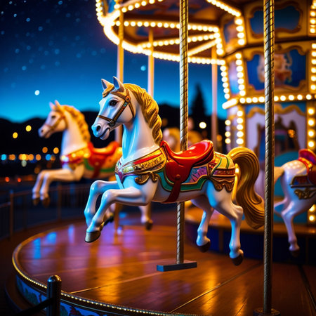 Carousel horses at the amusement park at night, close-upの素材