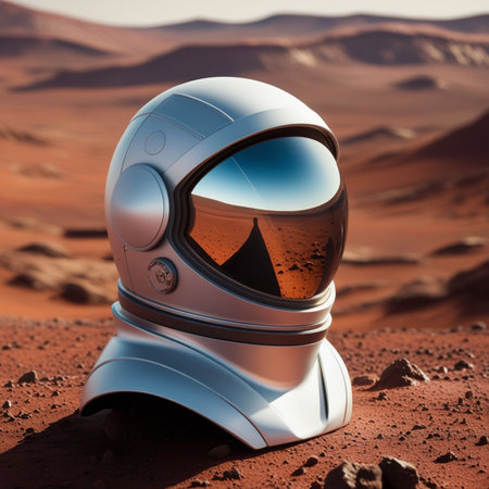 Astronaut helmet in the desert. 3d render. Elements of this image furnished by NASAの素材