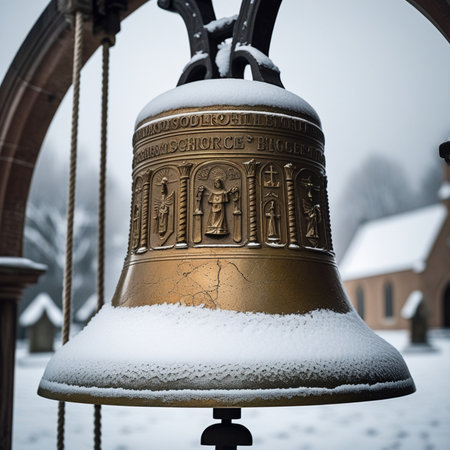 Bell of the church with the image of the Virgin Mary in the snowの素材