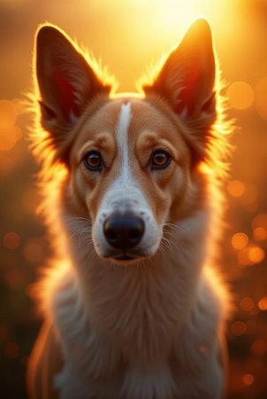 Portrait of a cute red Welsh corgi dog at sunsetの素材