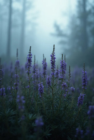 Beautiful purple flowers in the misty forest. Soft focus.の素材
