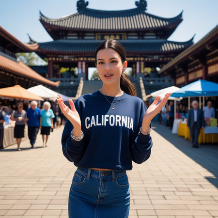 Portrait of a beautiful young woman in a blue sweater and jeans.の素材
