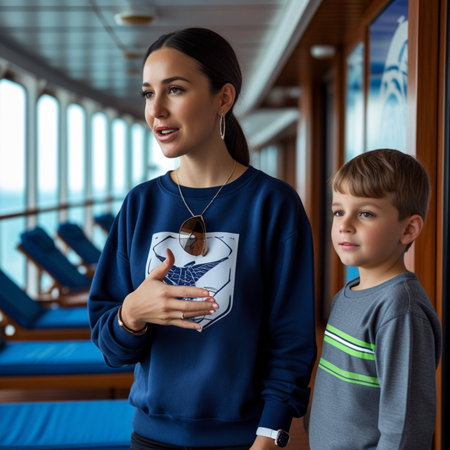 Mother and son on the deck of a cruise ship. Traveling with children conceptの素材
