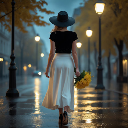 Young woman in a hat with a bouquet of yellow flowers in the city at nightの素材