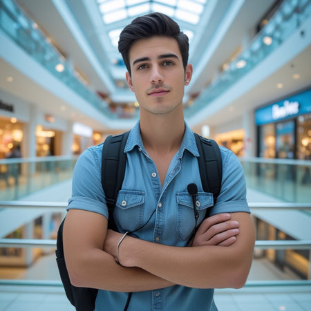 Portrait of handsome young man with arms crossed standing in shopping mallの素材