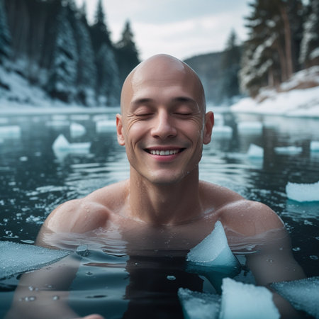 Portrait of a happy man swimming in an ice pool in winterの素材