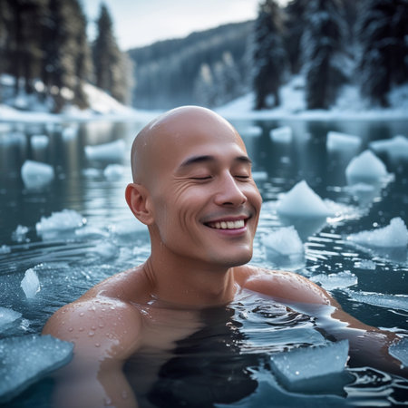 Handsome young man swimming in frozen lake with ice floesの素材