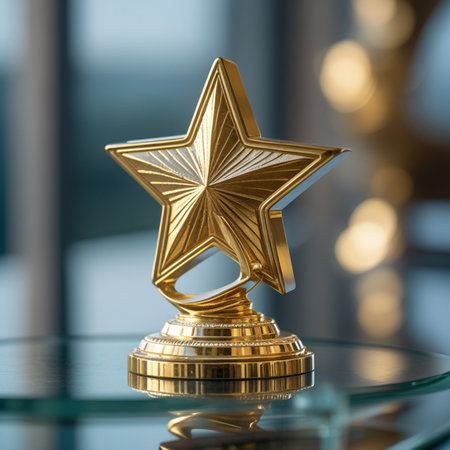 Golden star award on glass table. 3D illustration. Selective focus.の素材