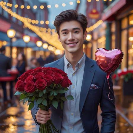 Valentine's day. Handsome young man holding a bouquet of red roses and smiling while standing outdoorsの素材