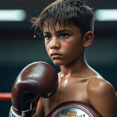 Portrait of young boxer boy with boxing gloves in the gym.の素材