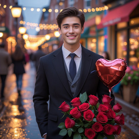 Valentines day. Cheerful young man holding a bouquet of red roses and smiling while standing outdoorsの素材