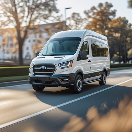 White commercial delivery van on the road. Freight transportation. 3d renderingの素材