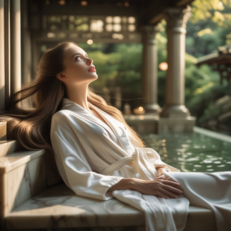Portrait of a beautiful young woman in a bathrobe on the background of the pool.の素材