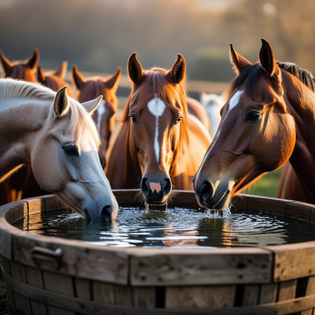 Group of horses drinking water from a wooden barrel in the countryside.の素材