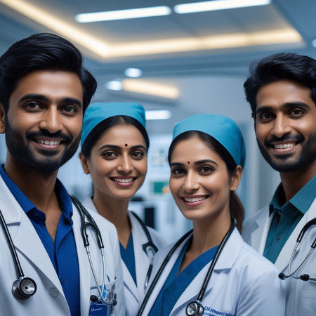Portrait of group of smiling doctors standing in hospital corridor. Medical and healthcare concept.の素材
