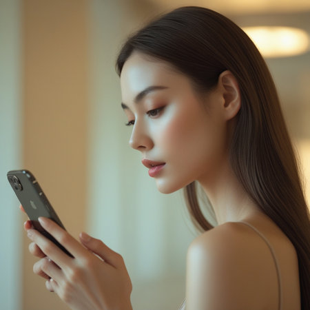 Portrait of beautiful Asian woman using smart phone in the roomの素材